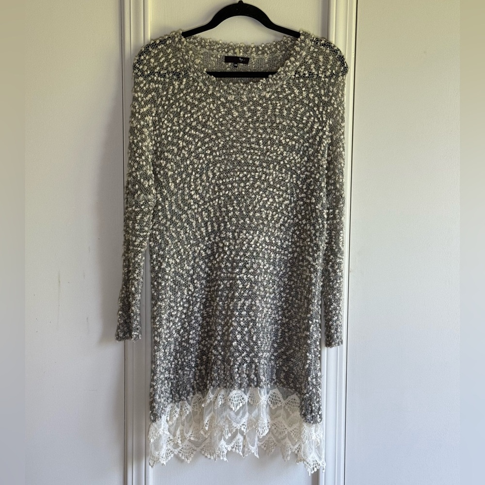 Ryu Black and Cream Knit Sweater Dress with Lace Hem
